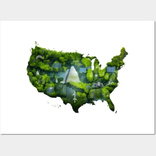 Green Map of America with Nature Trees Leaves Plants. Make America Green Again. Sustainability, Renewable Energy, Wind Solar. Save the Earth Go Green | Earth Day Awareness April 22 Posters and Art